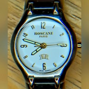 Very early Roscani Paris watch 25mm SS case, white face 23K Gold plated details